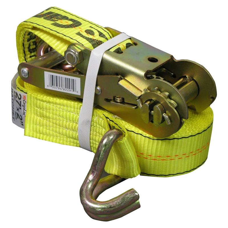 Amarre con trinquete amarillo Cargoloc 82291 de 27' x 2" con ganchos en forma de J