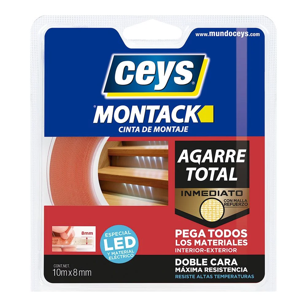CINTA DOBLE CARA MONTACK AGARRE TOTAL ESPECIAL PARA LEDS 8 mm x 10 m, BLISTER CEYS