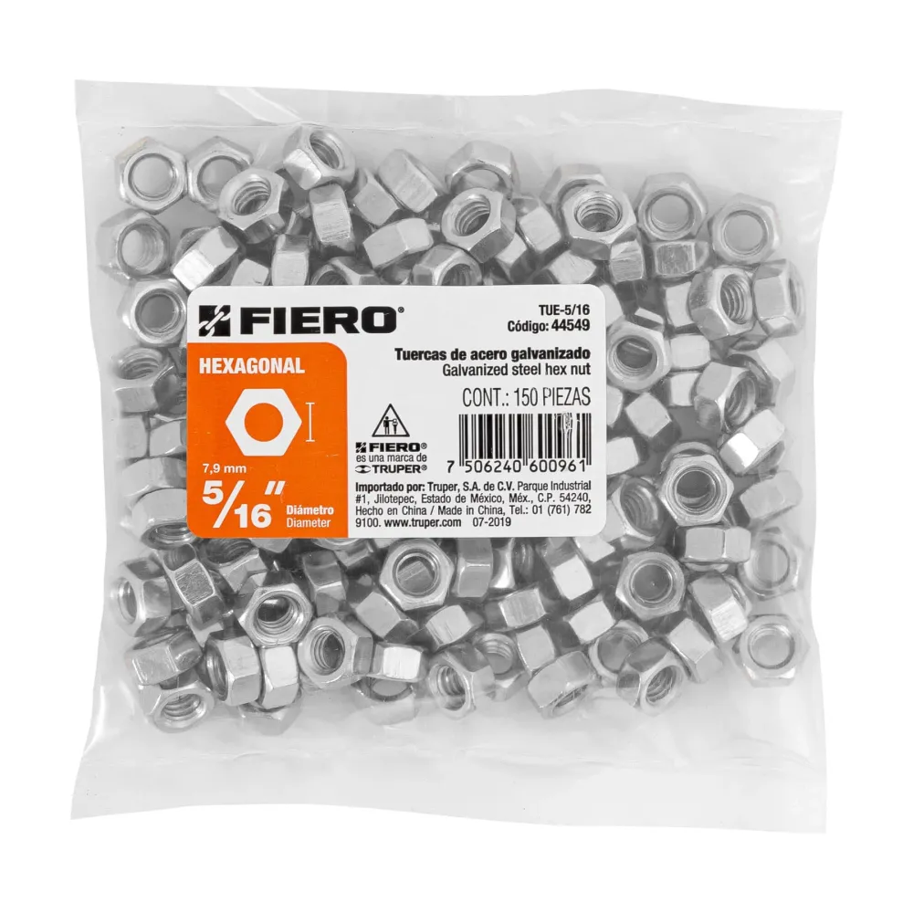 Bolsa con 150 tuercas 5/16" hexagonales de acero galvanizado Fiero