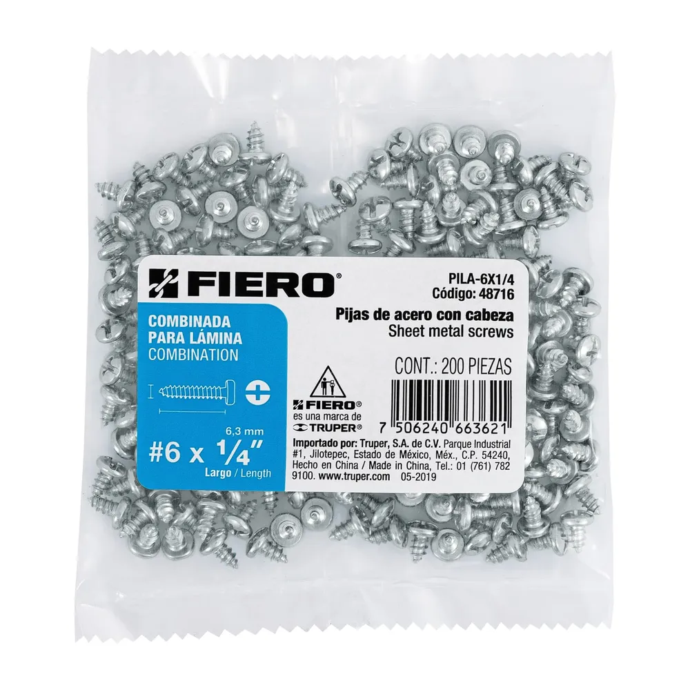 Bolsa con 200 pijas para lámina, #6 x 1/4", Fiero