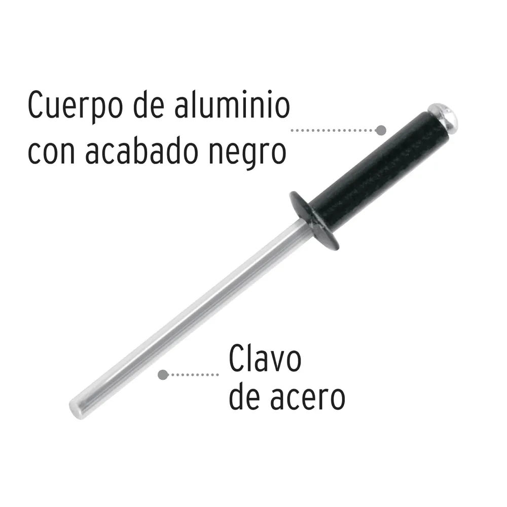 Bolsa con 50 remaches 1/8"x3/8" negros de aluminio, ala 1/4" Fiero