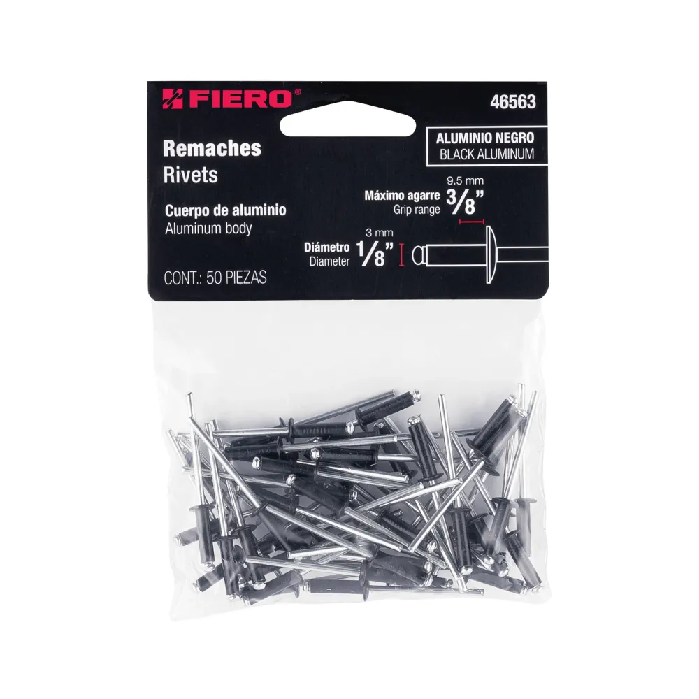 Bolsa con 50 remaches 1/8"x3/8" negros de aluminio, ala 1/4" Fiero