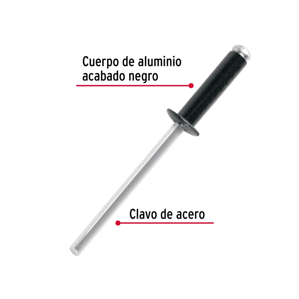 Bolsa con 50 remaches 1/8"x3/8" negros de aluminio, ala 1/4" Fiero
