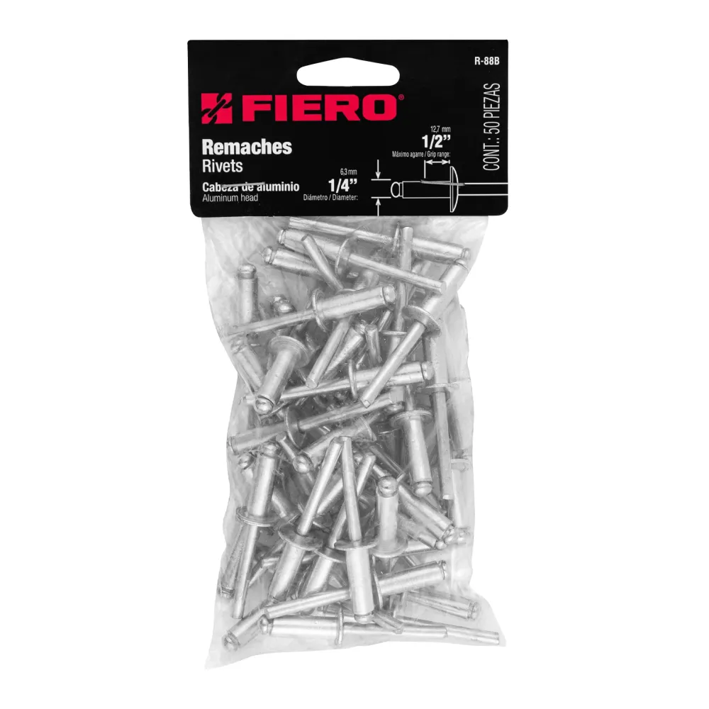 Bolsa con 50 remaches de 1/4" x 1/2" de aluminio, ala 1/2" Fiero