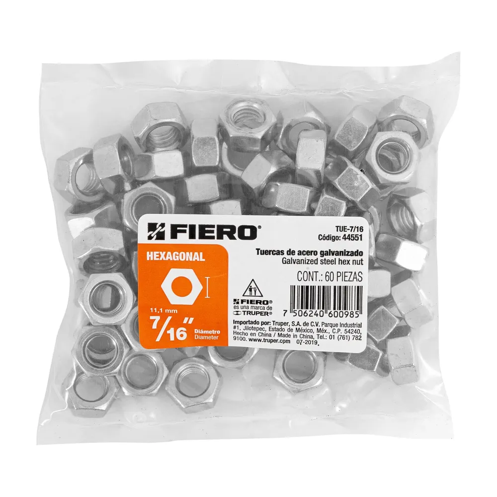 Bolsa con 60 tuercas 7/16" hexagonales de acero galvanizado Fiero