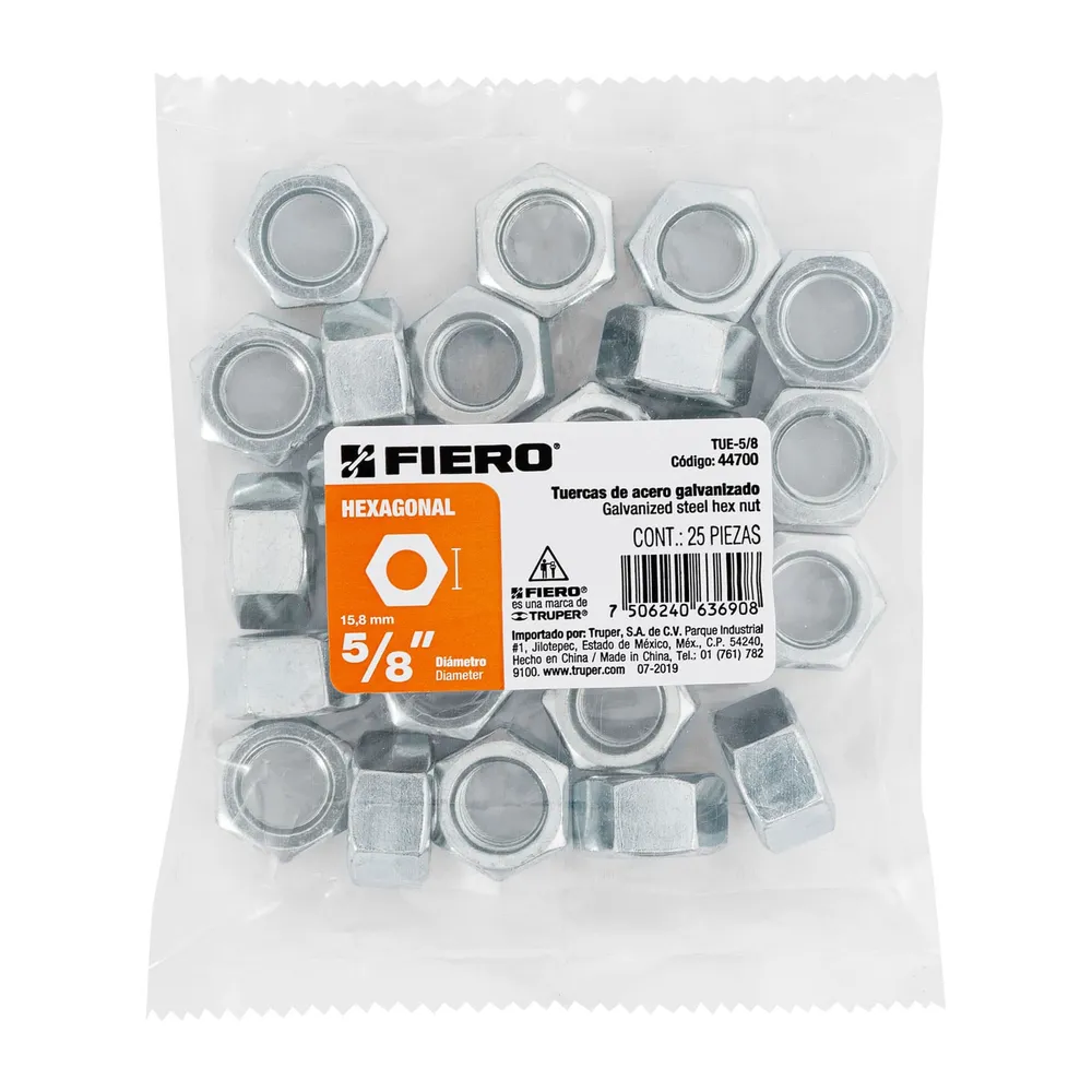 Bolsa con 25 tuercas 5/8" hexagonales de acero galvanizado Fiero