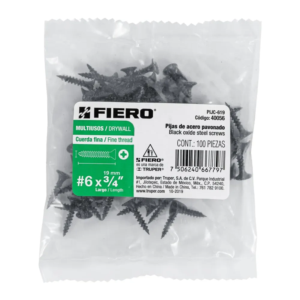Fiero PIJC-619 Bolsa con 100 pijas #6 x 3/4" multiusos cuerda cerrada