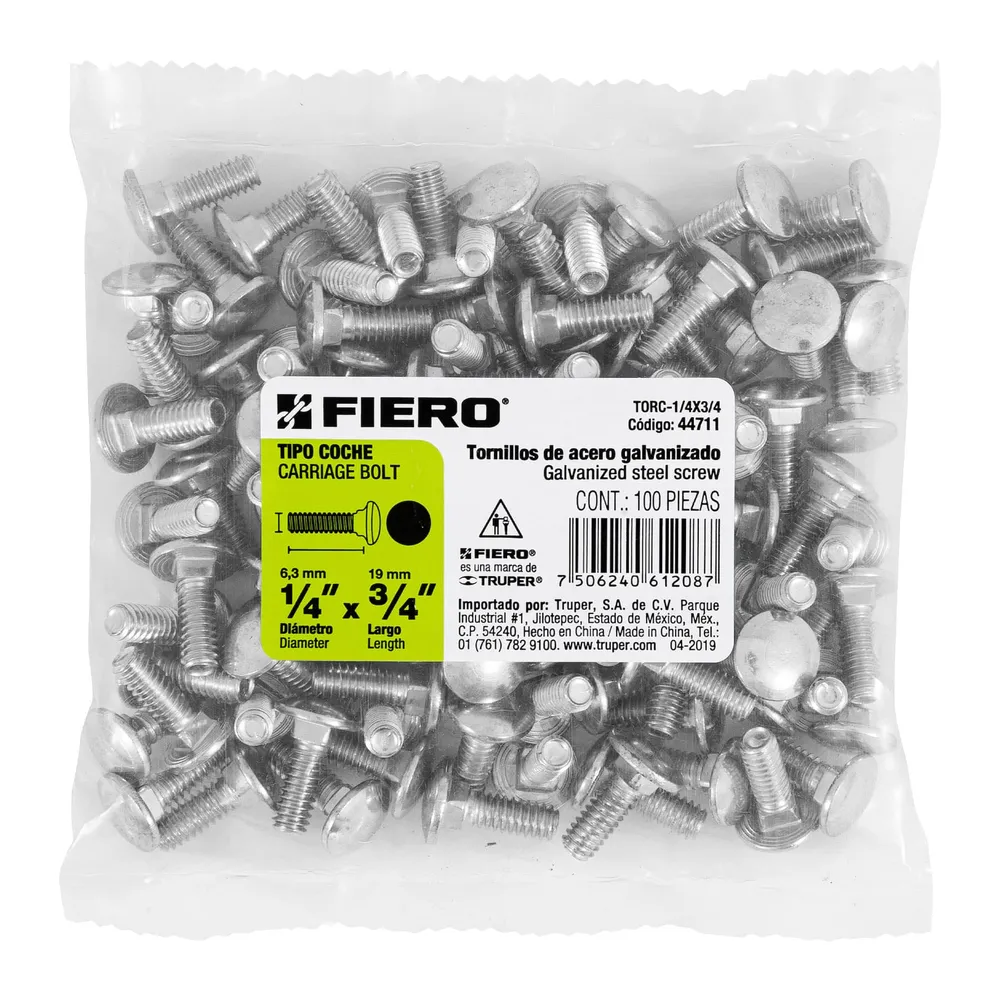Fiero TORC-1/4X3/4 Bolsa con 100 tornillos 1/4' x 3/4' tipo coche