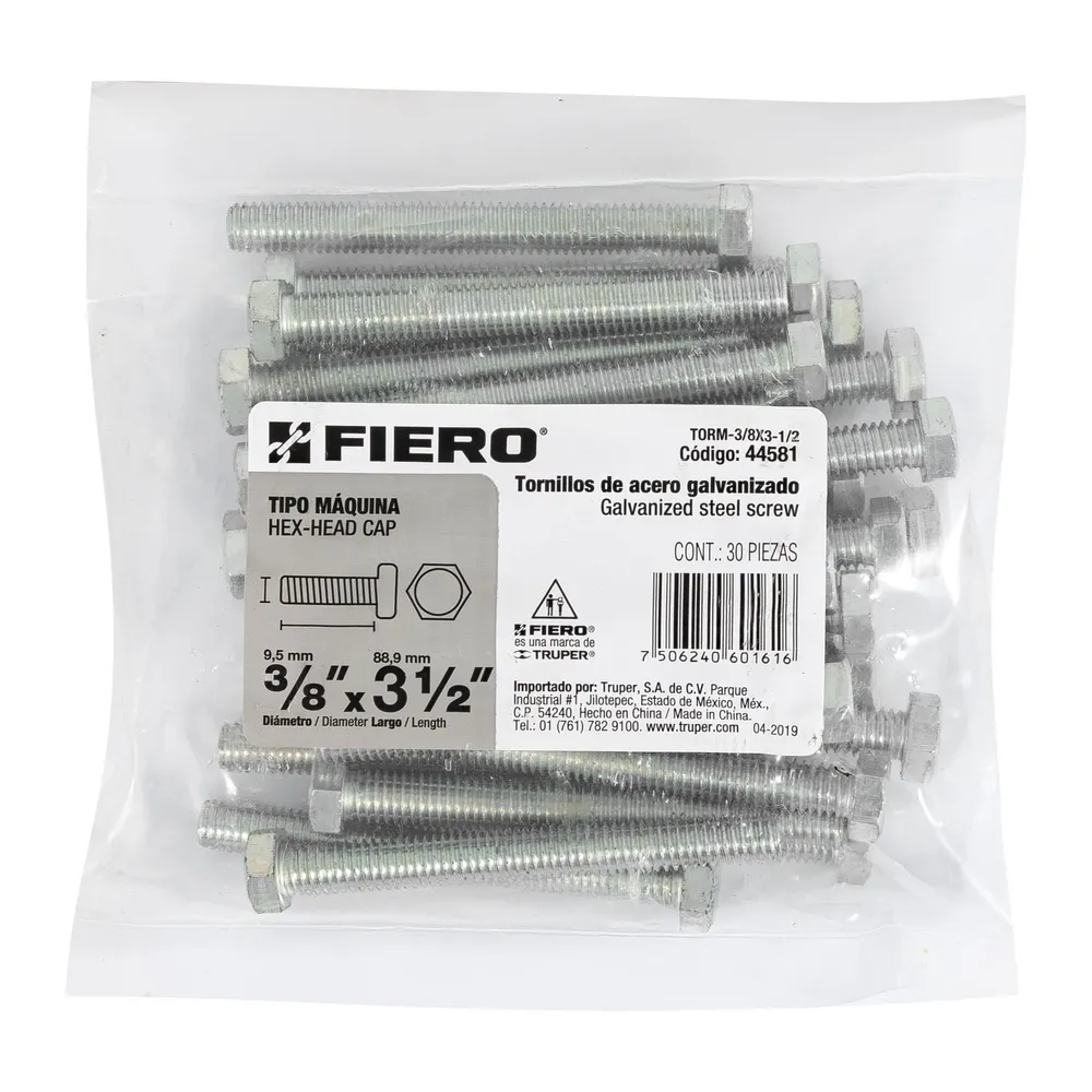 Fiero TORM-3/8X3-1/2 Bolsa con 30 tornillos 3/8' x 3-1/2' tipo máquina