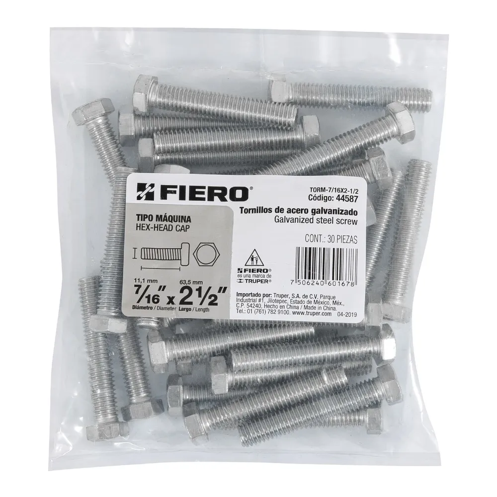Fiero TORM-7/16X2-1/2 Bolsa con 30 tornillos 7/16' x 2-1/2' tipo máquina