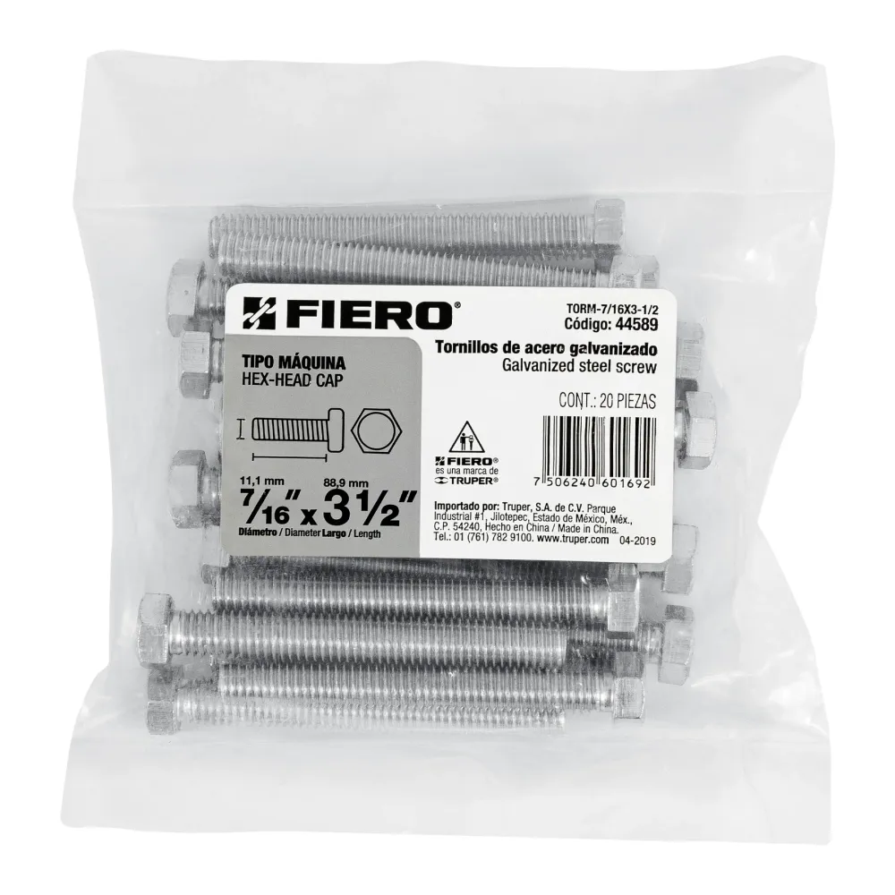 Fiero TORM-7/16X3-1/2 Bolsa con 20 tornillos 7/16' x 3-1/2' tipo máquina