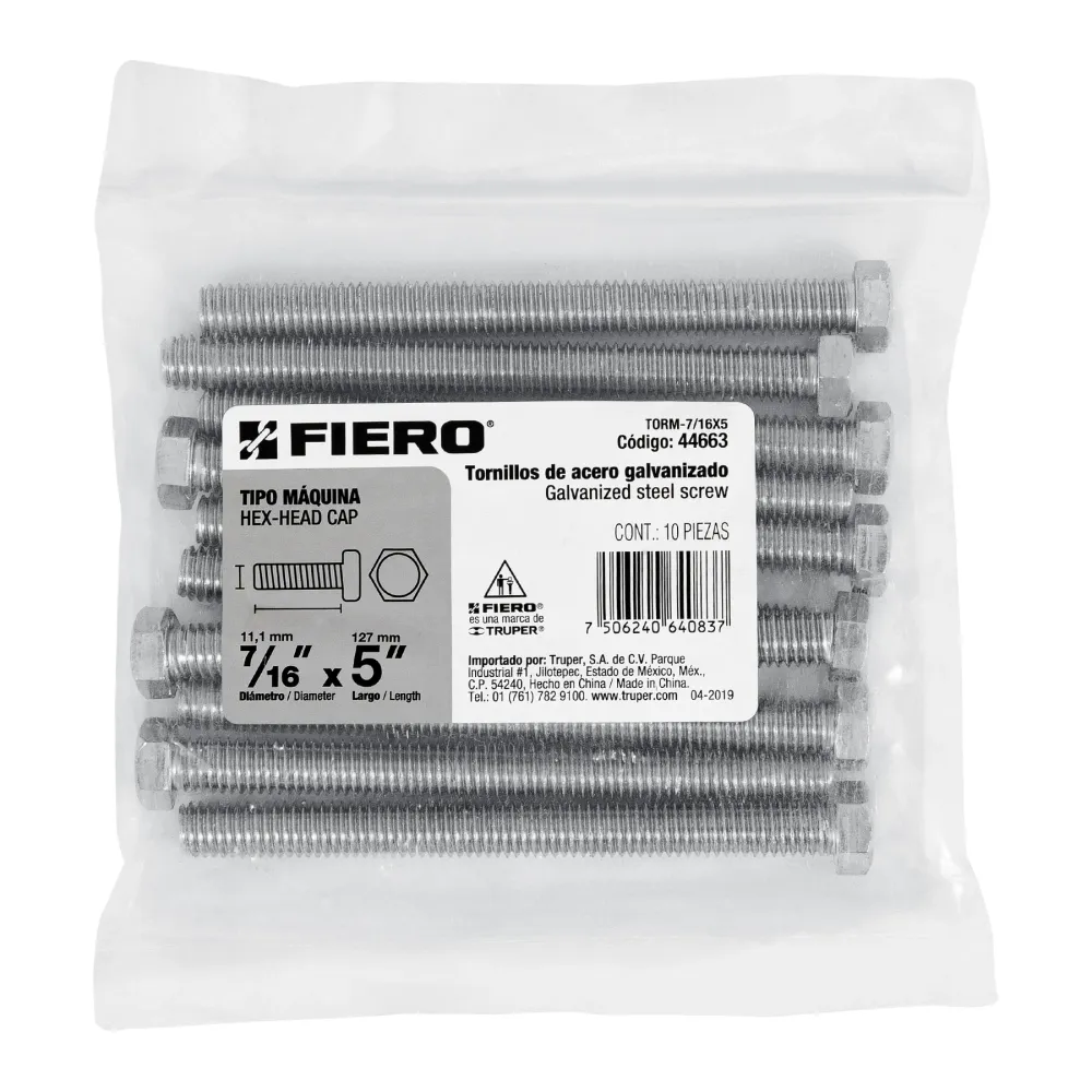 Fiero TORM-7/16X5 Bolsa con 10 tornillos 7/16' x 5' tipo máquina