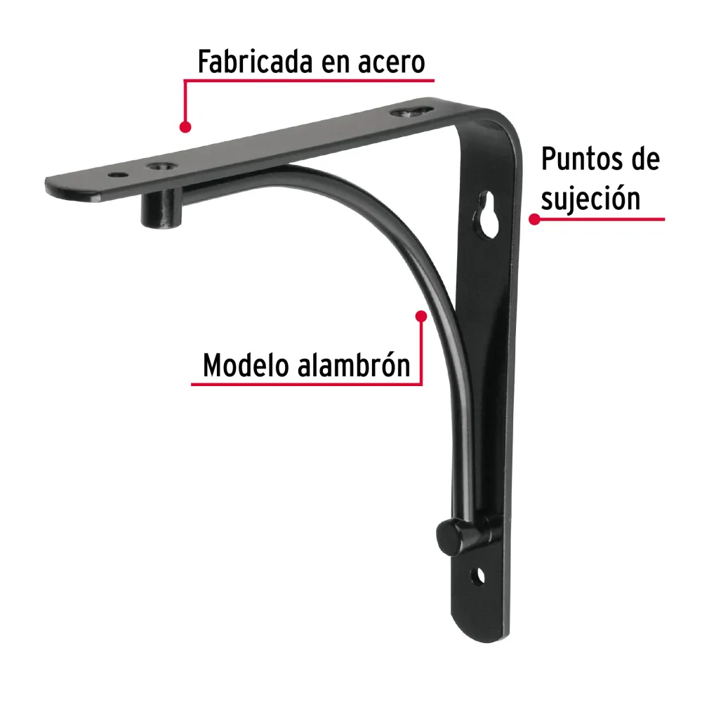 Ménsula reforzada negra 6 x 6" diseño alambrón, Fiero