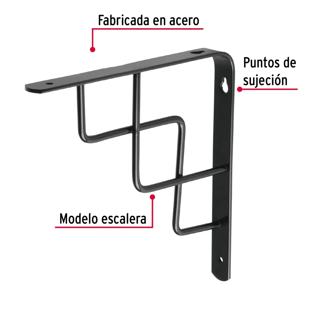 Ménsula reforzada negra 8 x 8" diseño escalera, Fiero
