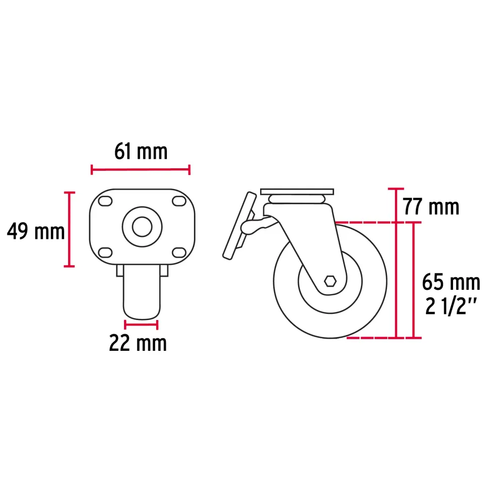 Rodaja de polietileno 2-1/2" placa giratoria con freno Fiero