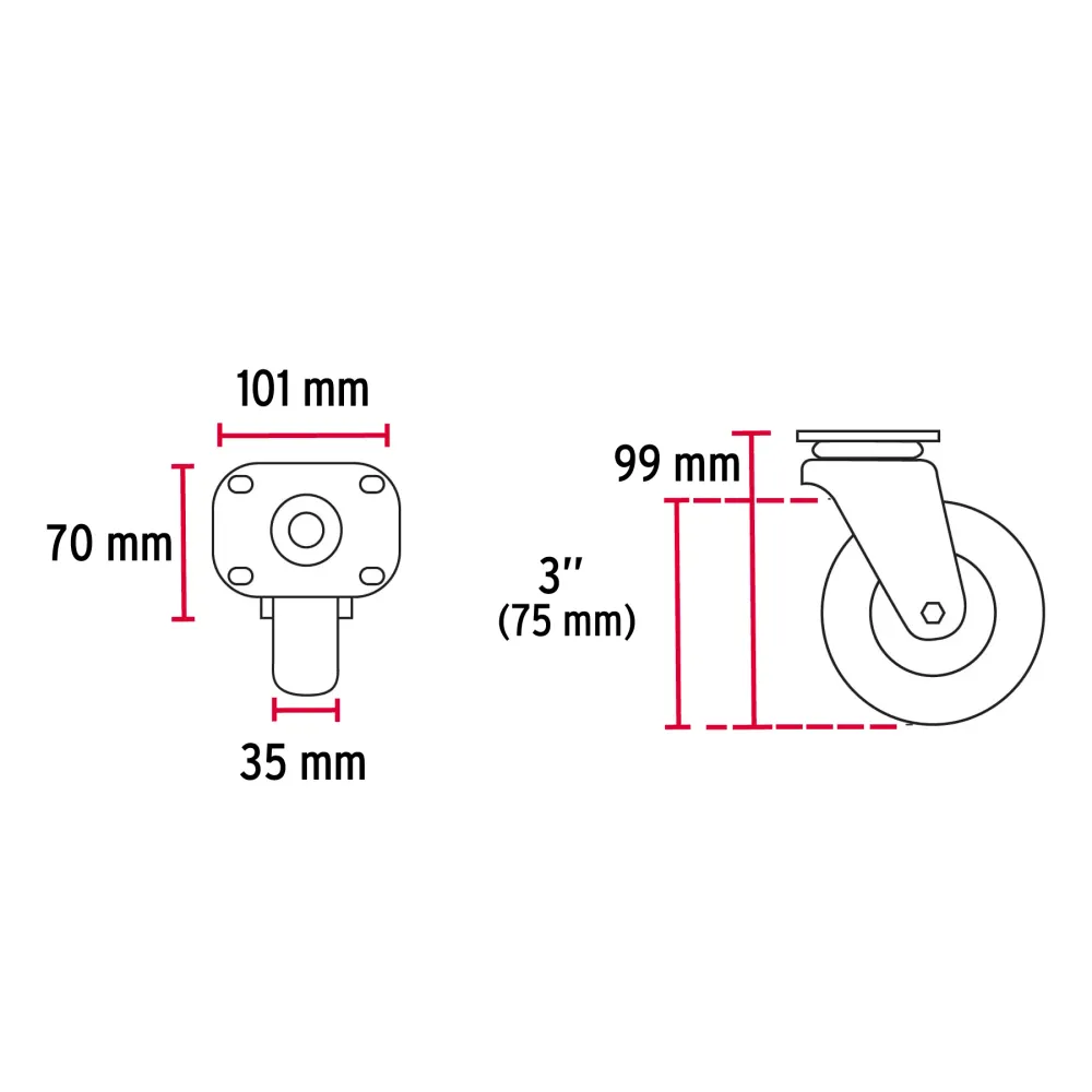 Rodaja de polietileno 3" placa giratoria, con balero, Fiero