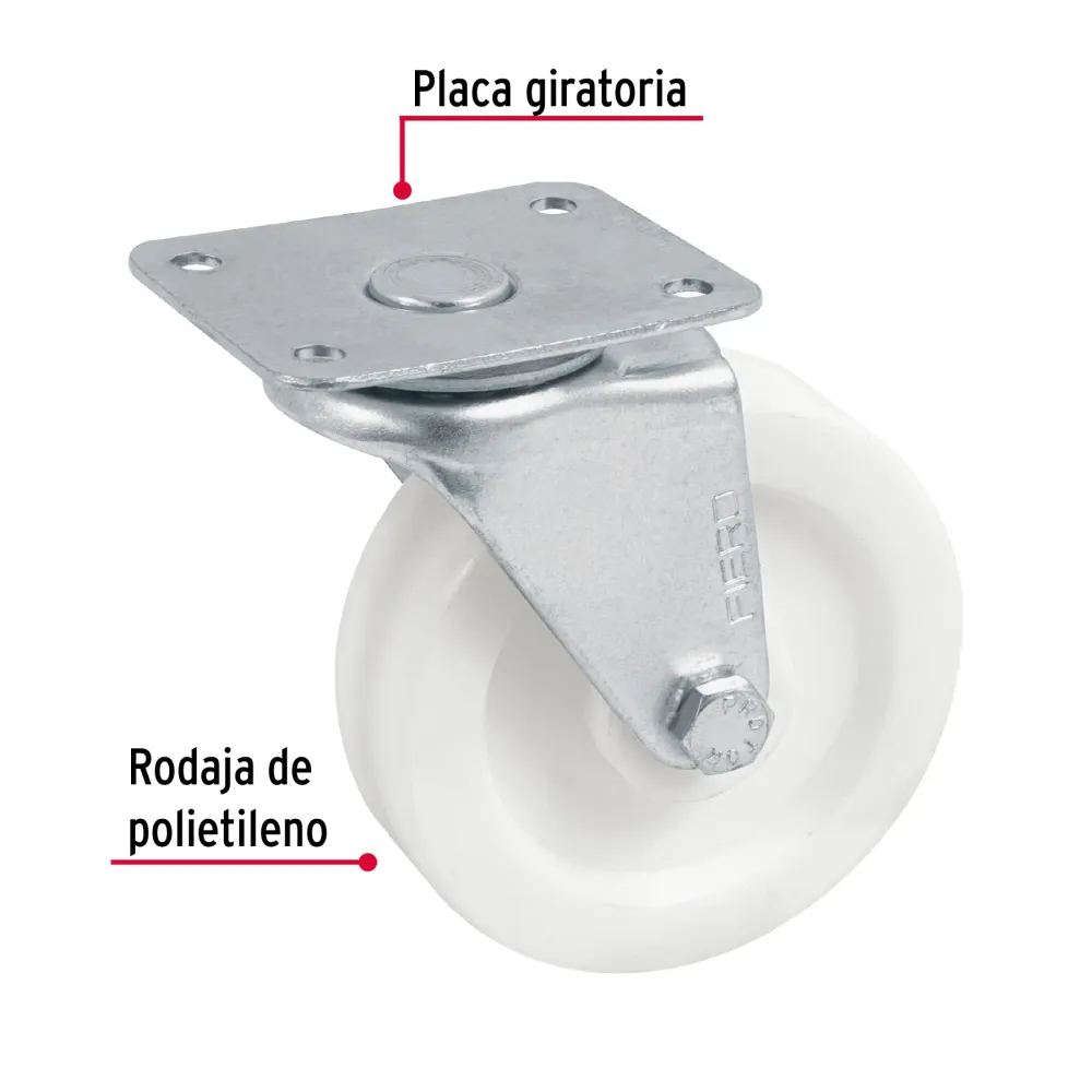 Rodaja de polietileno 3" placa giratoria, con buje, Fiero