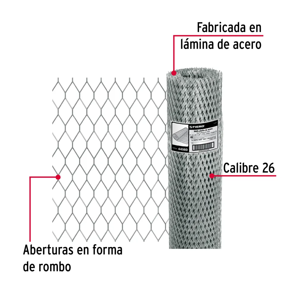 Rollo malla plafón 0.90 x 22m cal.26, abertura 10x25mm, 8kg Fiero