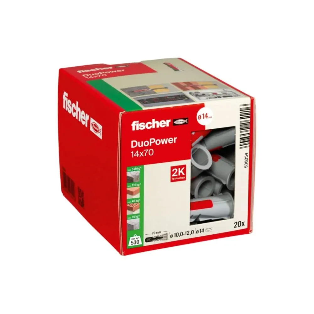 Taco Duopower 14x70 Sin Tornillo 20u | Tecnologí Bimaterial para Máxima Sujeción fischer