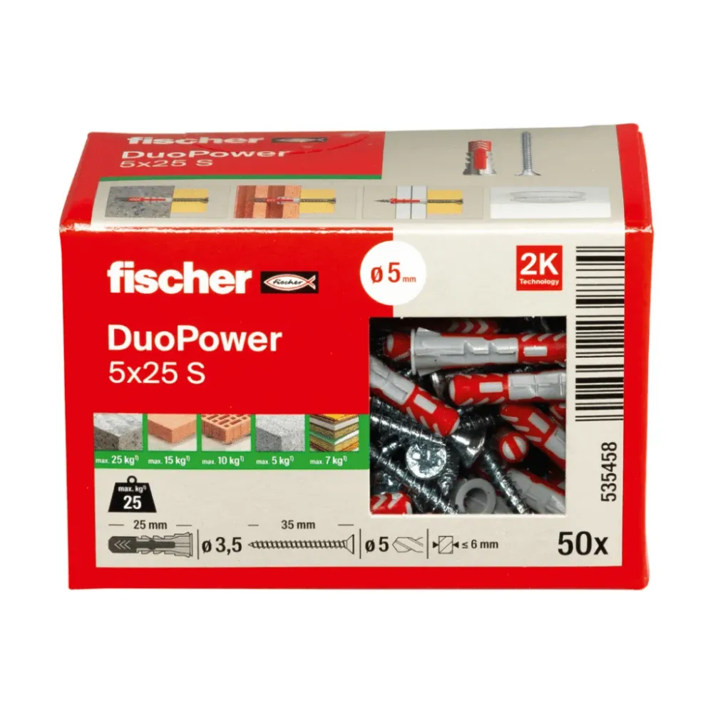 Taco Duopower 5x25 Con Tornillo| Fijación Inteligente y Resistente fischer