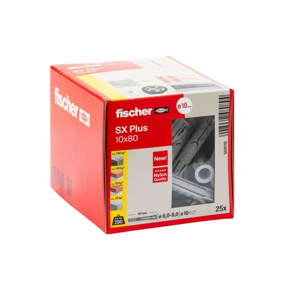 Taco SX Plus 10x80 Largo (Sin Tornillo) Caja 25 uds | Expansión Óptima y Sujeción Segura fischer
