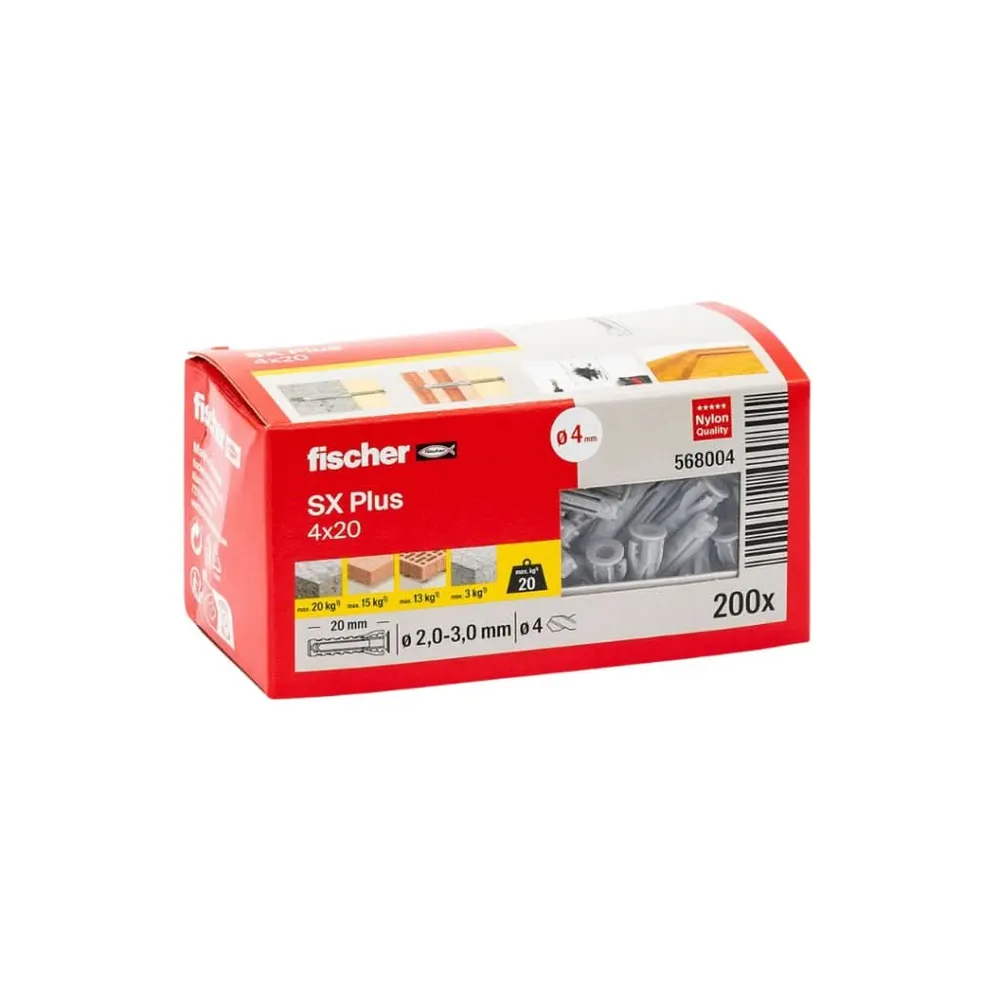 Taco SX Plus 4x20 (Sin Tornillo) Caja 200 uds | Expansión Óptima y Sujeción Segura fischer