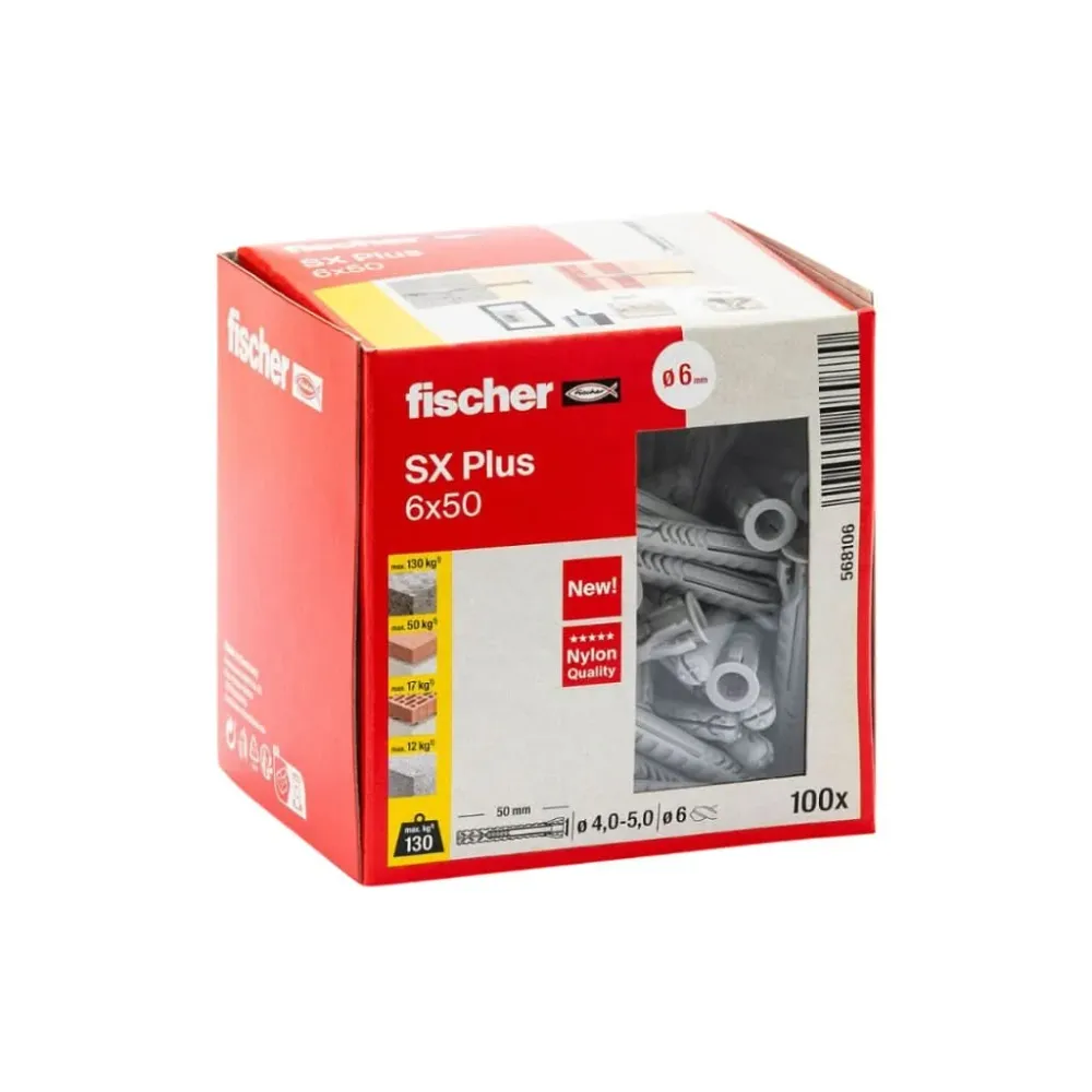 Taco SX Plus 6x50 (Sin Tornillo) 100 uds | Expansión Óptima y Sujeción Segura fischer