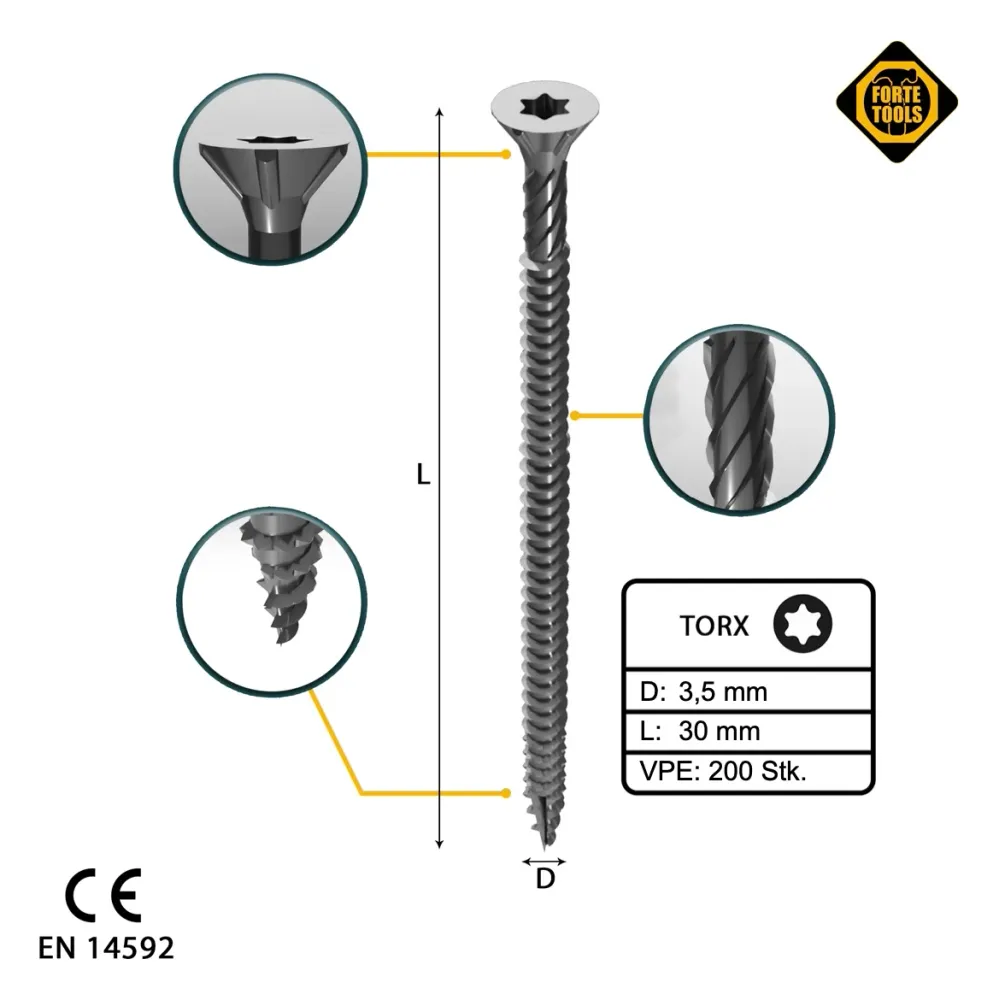 FORTE Herramientas Tornillo universal para madera 3,5 x 30 mm T15, Plateado, Cabeza avellanada Torx, Rosca total, 200 unid...