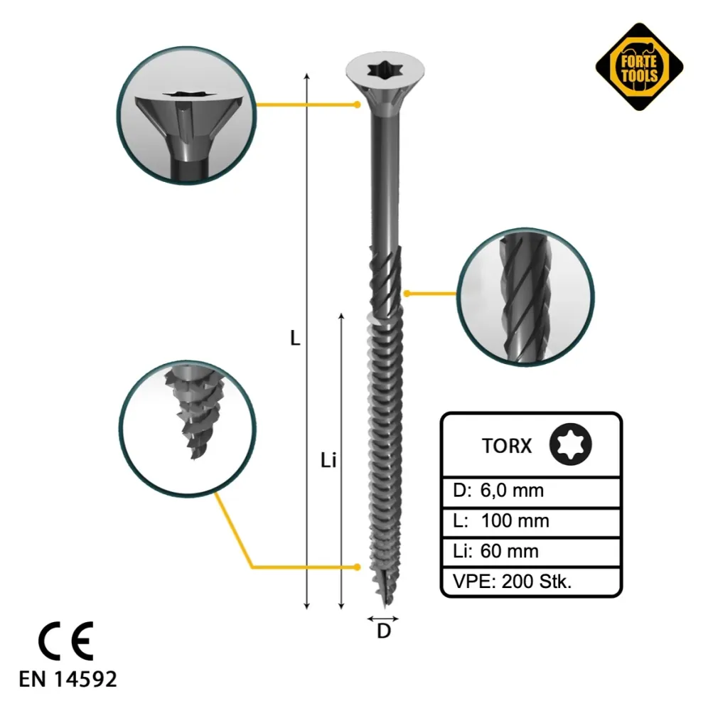 FORTE Herramientas Tornillo universal para madera 6.0 x 100mm T30 - 200 unid. (2x 000040113886) FORTE Tools