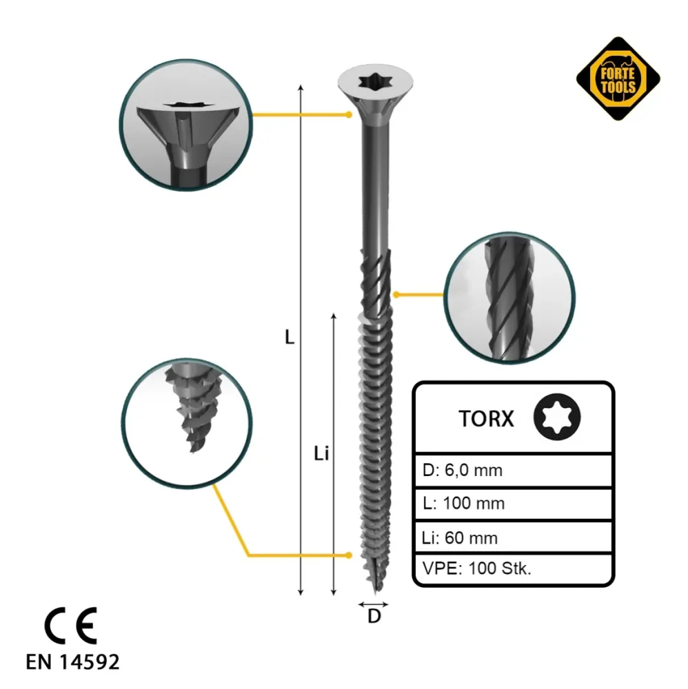 FORTE Herramientas Tornillo universal para madera 6,0 x 100 mm T30, plateado, cabeza avellanada Torx, rosca parcial, 100 u...