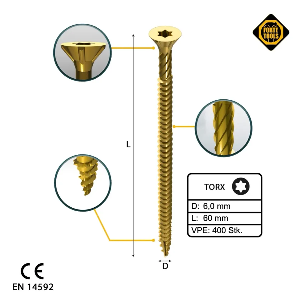FORTE Herramientas Tornillo universal para madera 6,0 x 60mm T30 - 400 unid. (4x 000051399494) FORTE Tools
