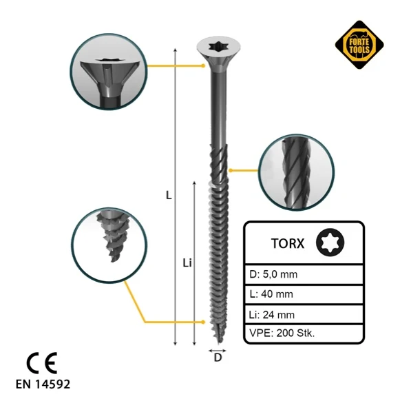 FORTE Herramientas Tornillo universal para madera 5,0 x 40 mm T25, plateado, cabeza avellanada Torx, rosca parcial, 200 un...