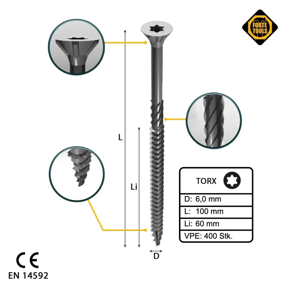 FORTE Herramientas Tornillo universal para madera 6,0 x 100mm T30 - 400 unid. (4x 000040113886) FORTE Tools
