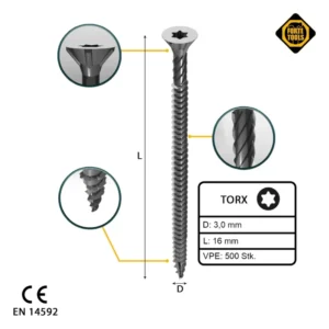 FORTE Herramientas Tornillo universal para madera 3,0 x 16 mm T10, Plateado, Cabeza avellanada Torx, Rosca completa, 500 u...