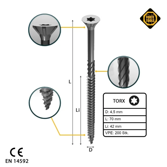 FORTE Tools tornillo universal para madera 4,5 x 70 mm T20 200 piezas (000040113876) galvanizado en plata Torx cabeza avel...