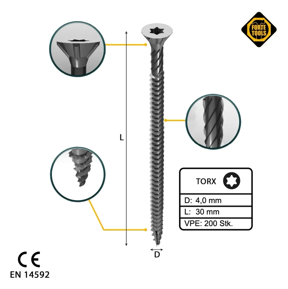 FORTE Tools Tornillo universal para madera 4,0 x 30 mm T20 200 piezas (000040113868) cabeza avellanada Torx galvanizada pl...