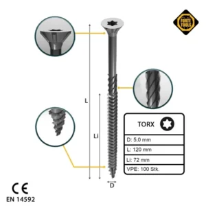 FORTE Tools Tornillo universal para madera 5,0 x 120 mm T25 100 piezas (000040113879) galvanizado en plata Torx cabeza ave...
