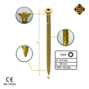 FORTE Tools Tornillo universal para madera 6,0 x 50 mm T30, galvanizado amarillo, cabeza avellanada Torx, rosca completa,...