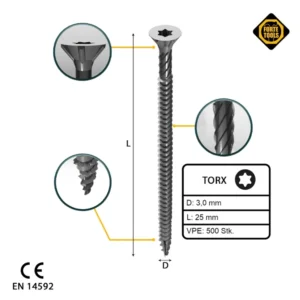 FORTE Tools Tornillo universal para madera 3,0 x 25 mm T10 500 piezas (000040113858) galvanizado en plata Torx cabeza avel...