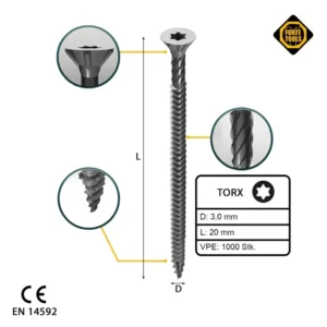 FORTE Tools tornillo universal para madera 3,0 x 20 mm T10 1000 piezas (2x 000040113857) galvanizado en plata Torx cabeza...