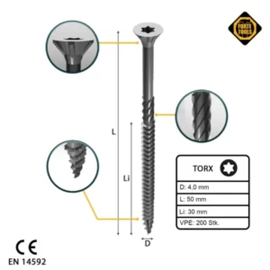 FORTE Tools tornillo universal para madera 4,0 x 50 mm T20 200 piezas (000040113870) galvanizado en plata Torx cabeza avel...