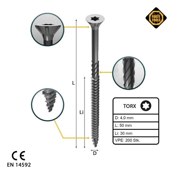 FORTE Tools tornillo universal para madera 4,0 x 50 mm T20 200 piezas (000040113870) galvanizado en plata Torx cabeza avel...