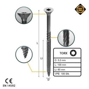 FORTE Tools Tornillo universal para madera 5,0 x 100 mm T25 100 piezas (000040113878) galvanizado en plata Torx cabeza ave...