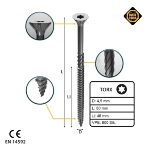 FORTE Tools tornillo universal para madera 4,5 x 80 mm T20 800 piezas (4x 000040113877) galvanizado en plata Torx cabeza a...