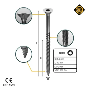 FORTE Tools Tornillo universal para madera 5,0 x 70 mm T25 800 piezas (4x 000040113883) galvanizado en plata Torx cabeza a...