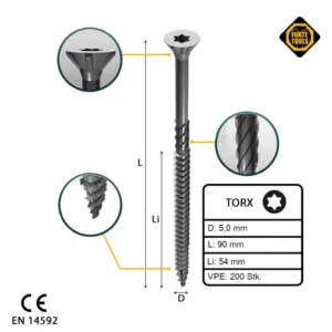FORTE Tools Tornillo universal para madera 5,0 x 90 mm T25 200 piezas (2x 000040113885) galvanizado en plata Torx cabeza a...
