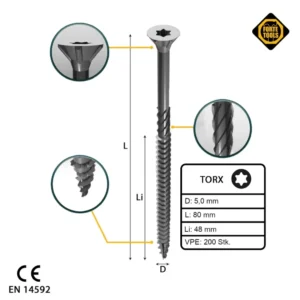 FORTE Tools Tornillo universal para madera 5,0 x 80 mm T25 200 piezas (000040113884) galvanizado en plata Torx cabeza avel...