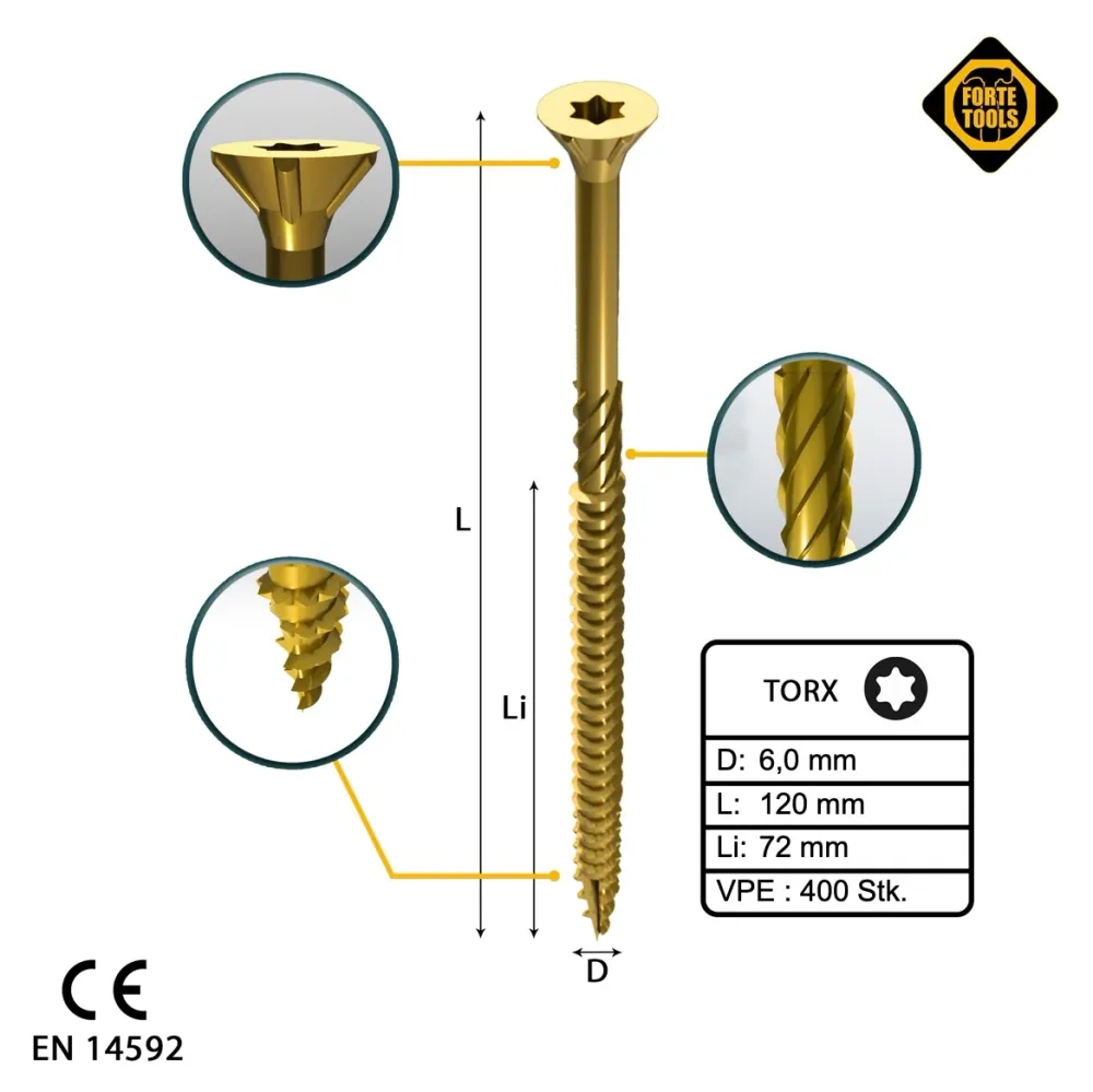 FORTE Tools Tornillo universal para madera 6,0 x 120 mm T30 400 piezas (4x 000051399492) rosca parcial Torx cabeza avellan...