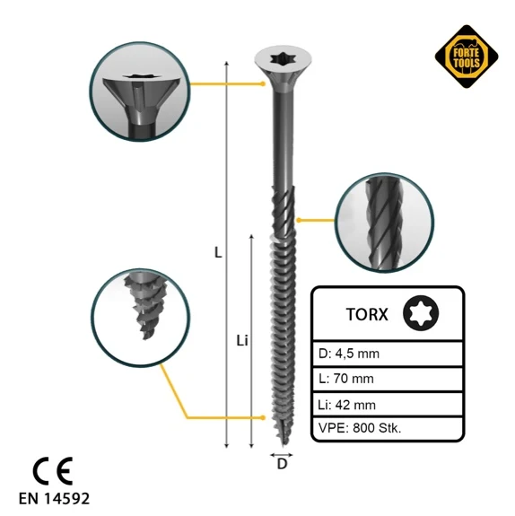 FORTE Tools tornillo universal para madera 4,5 x 70 mm T20 800 piezas (4x 000040113876) galvanizado en plata Torx cabeza a...