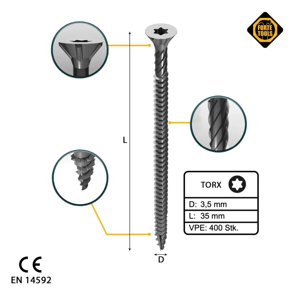 FORTE Tools tornillo universal para madera 3,5 x 35 mm T15 400 piezas (2x 000040113864) galvanizado plateado cabeza avella...